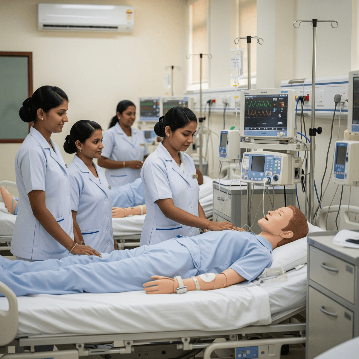 JKKN Nursing College Simulation Lab with Learners practicing clinical skills on high-fidelity mannequins